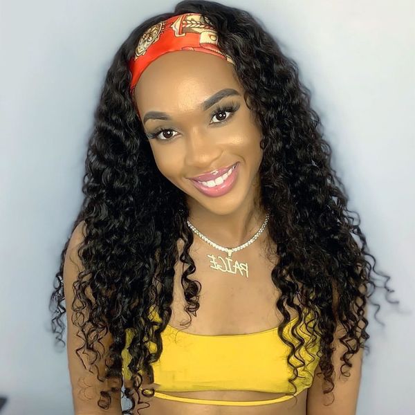 

brazilian water wave headband wig human hair virgin hair brazilian curly wig easy to install curly hair wig with headband, Black;brown