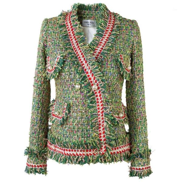 

winter coat women woolen coats v-neck tassels short slim tweed jacket pearl buttons1, Black