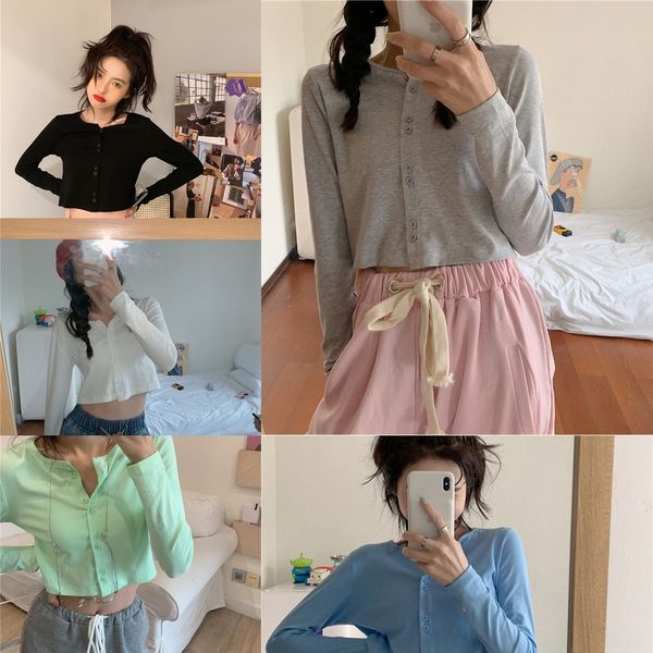 

bbhgg нового ins корейского стиля в начале осени 2020small и кнопки короткой шеи сплошного цвета экипажа универсального кардиган кнопка butt, White