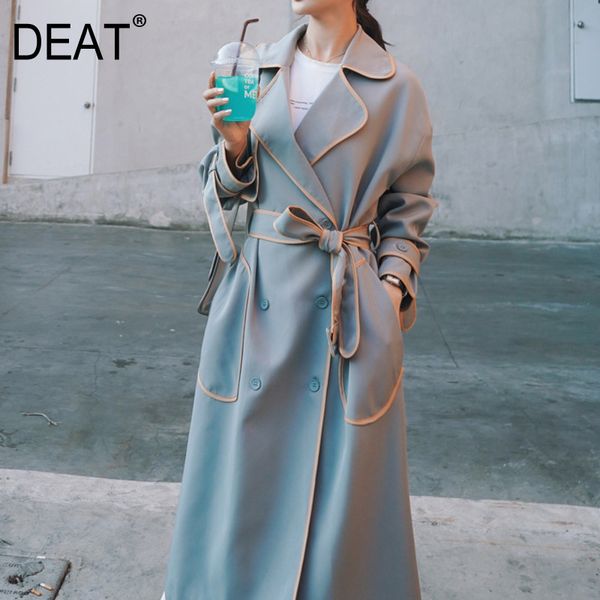 

[deat] 2020 women's coat striped hit color lacing slim waist elegant long length wild england new autumn fashion clothing lj201128, Tan;black