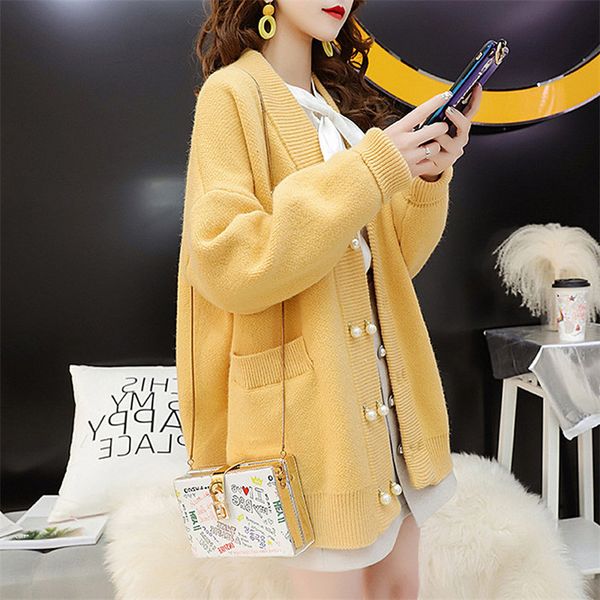 

2021 new yellow pink female shirt plus size cardigans released new korean winter double-breasted mesh beads hj034 sweaters 55et, White;black