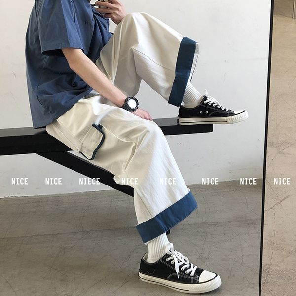 

summer color contrast wide leg chic loose men's casual pants, Black