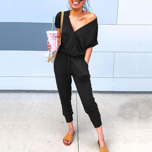 

new slim summer jumpsuit women short sleeve rompers overalls jumpsuits solid v-neck black jump suit pocket female clothes1, Black;white