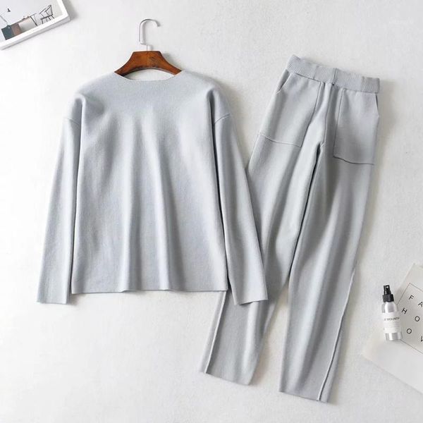 

women's suit new women two piece outfits wild casual fashion solid color round neck long sleeve pants suit1, Gray