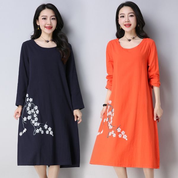 

national style dress dressaline dresscotton hemp dress women's autumn new product loose large print show thin medium long sleeve linen, Black;gray