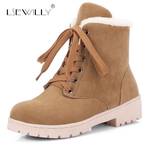 

boots lsewilly classic women winter ankle suede snow female warm fur plush insole botas mujer lace-up s848, Black
