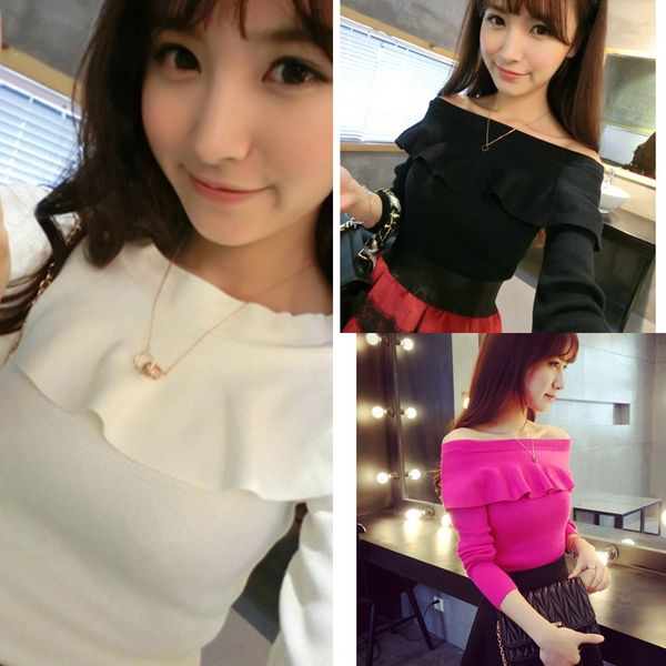 

korean one line collar slim fitting ruffle bottomed shirt fashionable and versatile knitwear long sleeve knitwear sweater fashion trend gyok, White;black