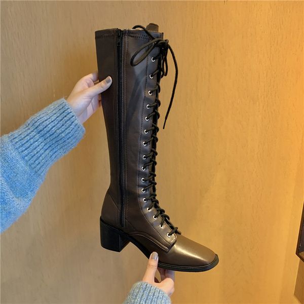 

2021 new knee genuine high heels high-heel boots toe lace to ladies shoes f6eq, Black