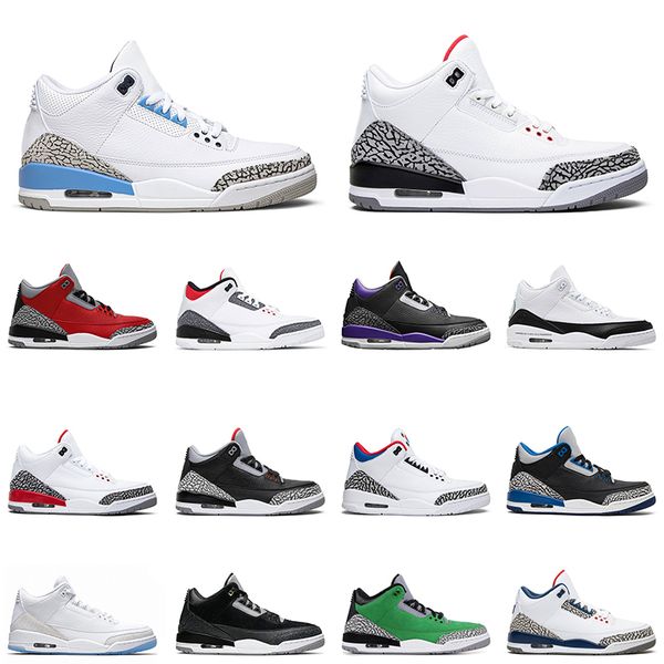 

men basketball shoes jumpman3 unc pine green varsity royal black cement court purple mens trainer sports sneakers, White;red