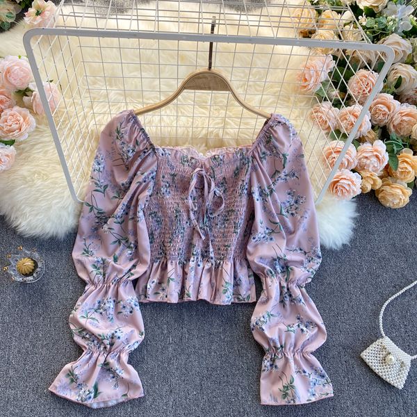 

2021 new singiny feminine floral print thin spring turtleneck square puff short bow ruched jumper cord hfcy, White