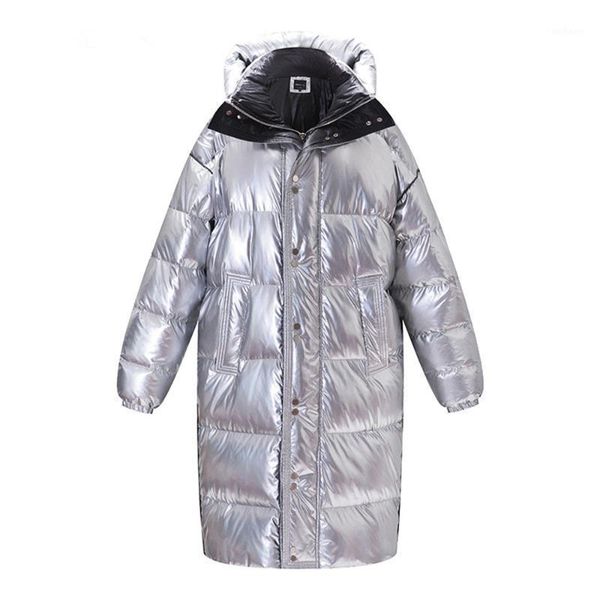 

2019 new couple laser silver black plus thicken warm puffer jacket woman hooded star long winter down coat women high-end brand1