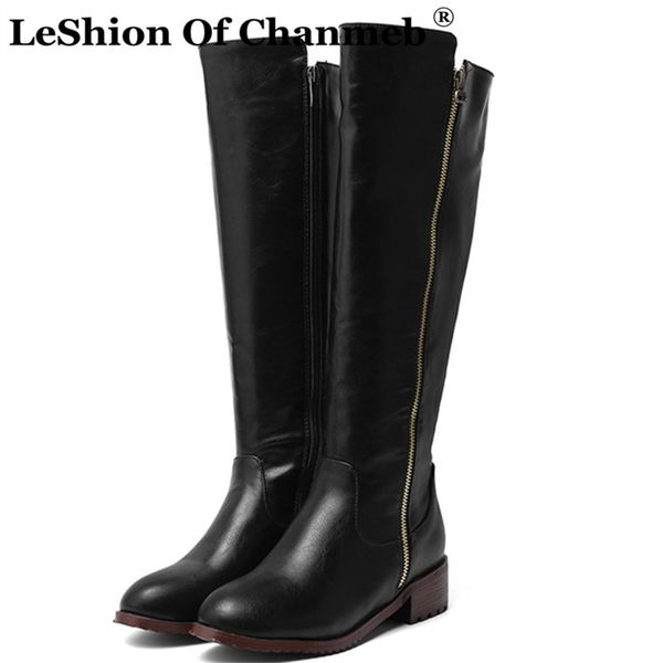 

vintage style plus size 48 female knee high boots woman round toe block heels zipper long boot lady women winter warm shoes punk, Black