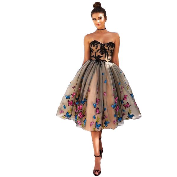 

colorful butterfly prom dresses 2022 sweetheart black lace appliques champagne lace up knee length cocktail party dress evening wear gowns