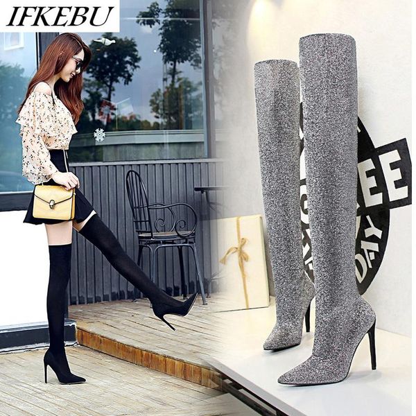 

glitter over the knee boots women high heels fashion boot autumn winter thigh high booties pointed toe shoes zapatos mujer, Black