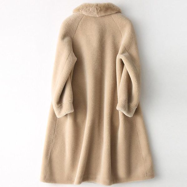 

spring new shearling overcoat women long style collar sheep fur coat women luxury turn-down collar loosereal fur jacket1, Black