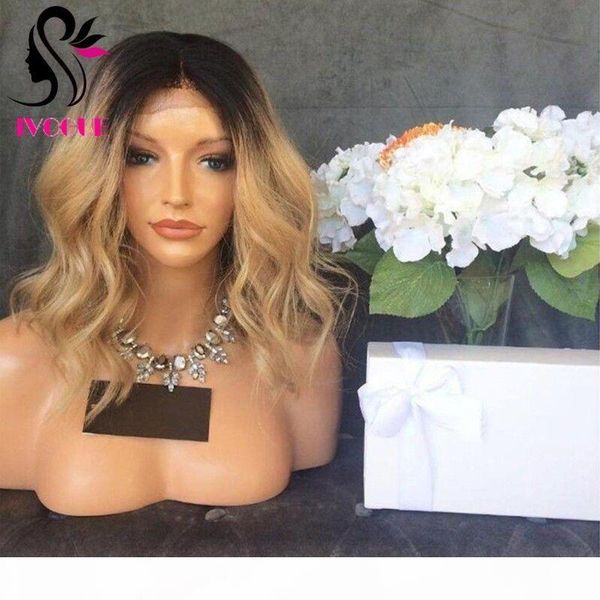 

grade 9a t1b 613 two tone blonde ombre european human hair lace front wigs short wavy bob wigs with bleached knots baby hair, Black;brown