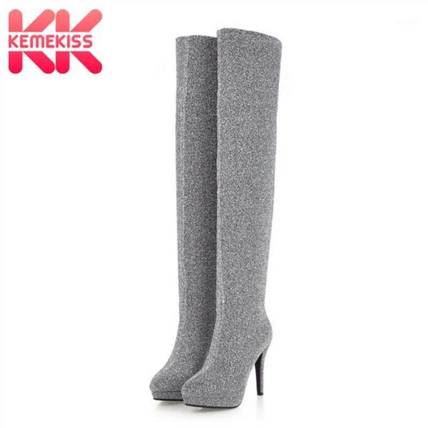 

boots kemekiss women thigh high fashion winter bling stretch shoes pointed toe thin heels platform size 32-431, Black