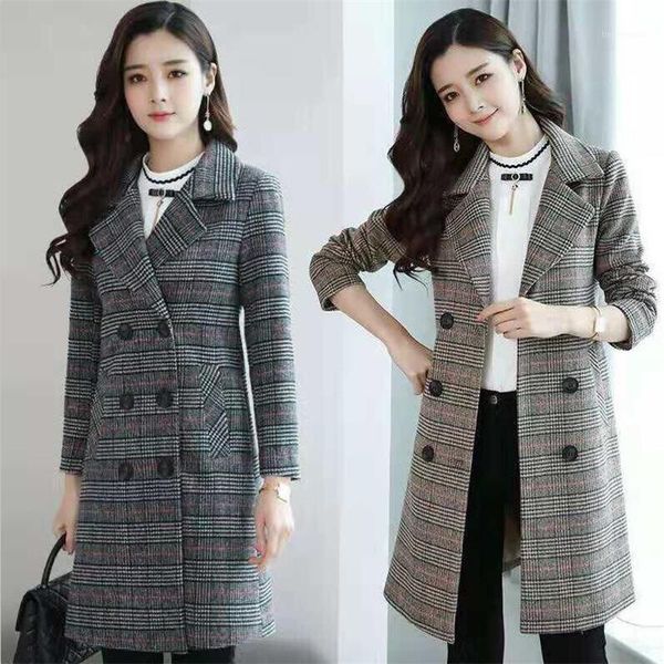 

new women's wool blends coat winter 2020 autumn fashion elegant plaid slim long tweed woolen outerwear female plus size s-6xl1, Black