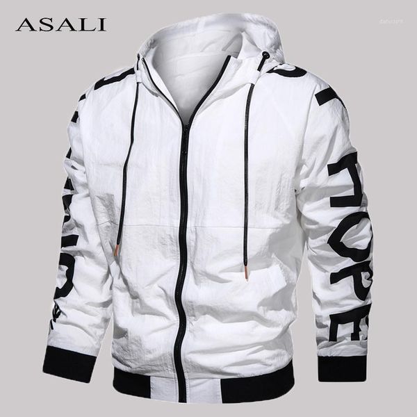 

thin autumn hooded jacket men hoodies print windbreaker mens hip hop loose bomber coat male white overcoats streetwear us size1, Black;brown