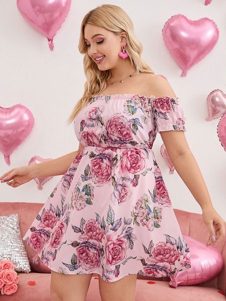 

plus floral print off shoulder frill trim dress a2uk#, Black