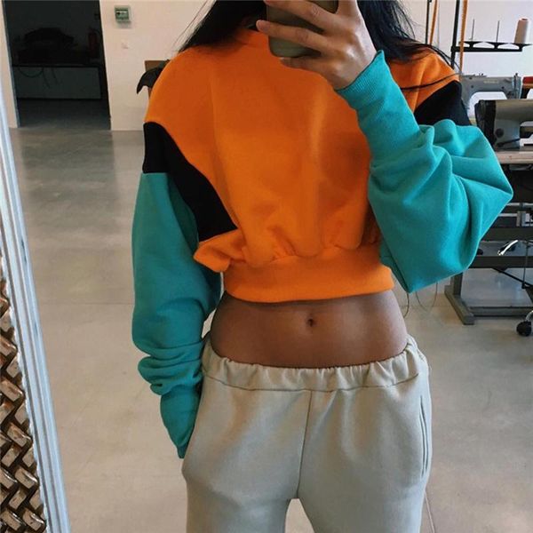 

fashion new women spring autumn orange hoodies long sleeve o neck loose crop sweatshirt casual patchwork short, Black
