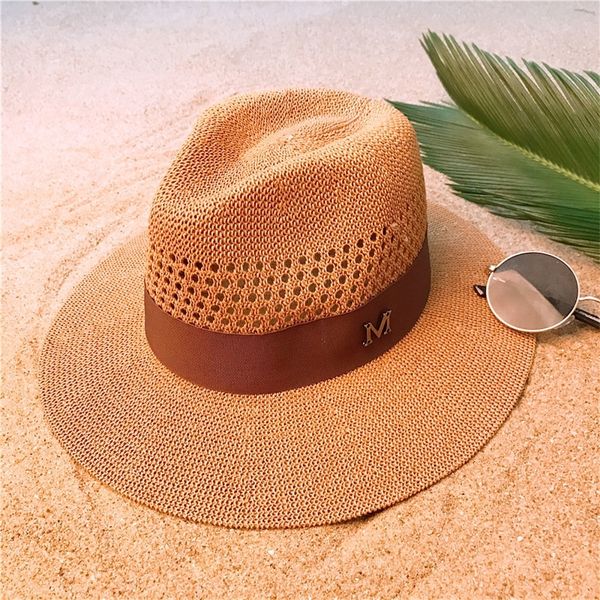 

fashion women men summer straw panama hat for lady wide brim beach sun hat with mesh sunbonnet cap size 56-58cm y200714, Blue;gray