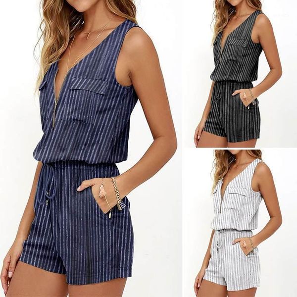 

vonda 2020 women summer overalls women's fashion jumpsuits casual v neck rompers stripe short sleeveless playsuits plus size 5xl1, Black;white