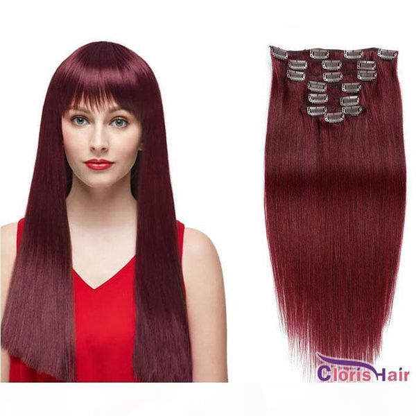

#99j burgundy straight clip in on hair extensions thick end 70g 100g wine red raw indian remy human hair weave clip ins for black women, Black;brown