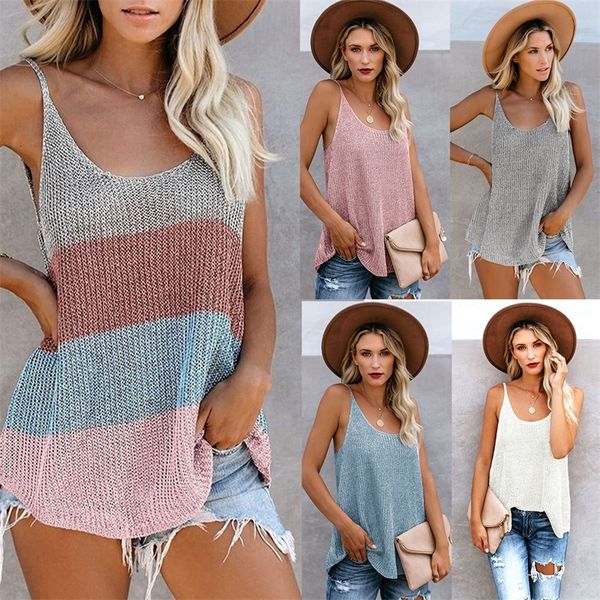 

fashion crochet color block loose knitted cami v-neck tank sleeveless sling vest women beach wear swimsuit cover up tunic t200731, White