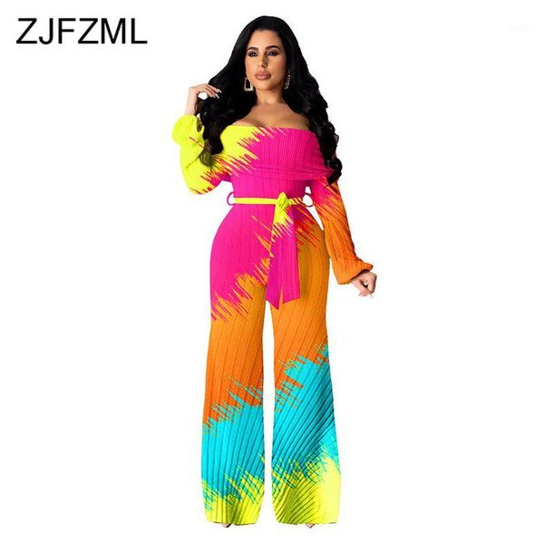 

rainbow tie dye romper women jumpsuit slash neck long sleeve wide leg bodysuit autumn winter off shoulder backless sash overall1, Black;white