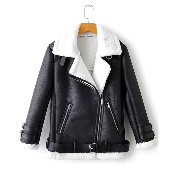 

warm fur integrated belt zipper plus velvet pu windproof chic women's jacket korean lamb wool motorcycle female winter coat, Black