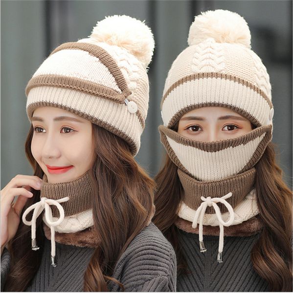 

knitted winter beanie scarf and mask 3 pieces set thick fleece lined hats tuque pom skull caps scarves neck ring skimask headwear e110602, Yellow