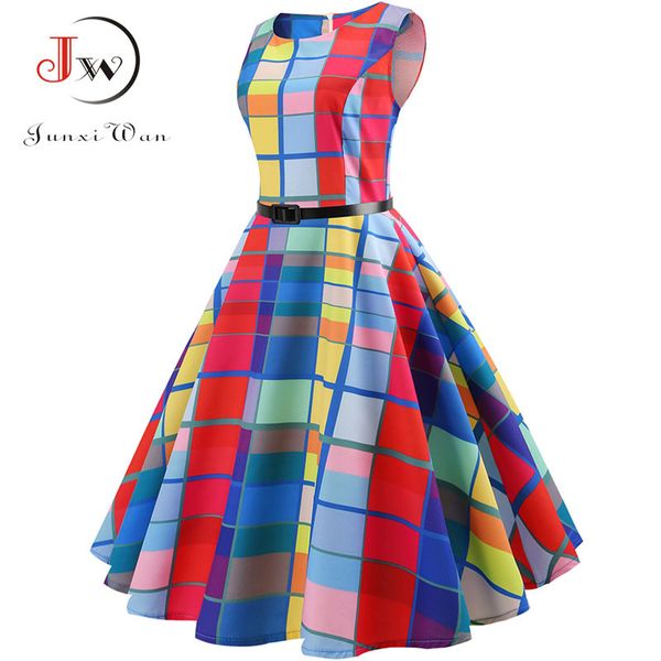 

plaid print vintage dress women summer floral swing party dresses hepburn 50s 60s plus size retro elegant robe feminino vestidos y0118, Black;gray