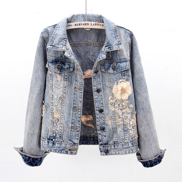 

2021 Jeans Women's Jacket New Korean Spring Thin Diamond Long-sleeve Flower Denies Sequined Sequins Embroidered Short-jacket Beads A3M8 O8AW, Black;brown