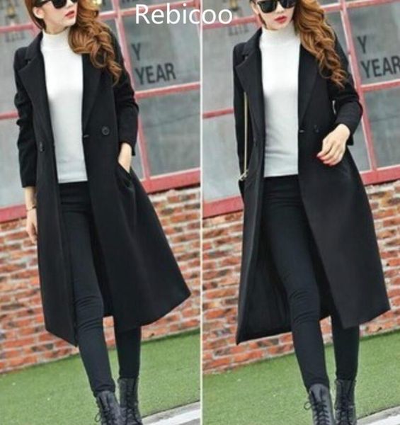 

women's long woolen coat female warm windproof elegant office robe blended wool outdoor blends parks outerwear plus size, Black