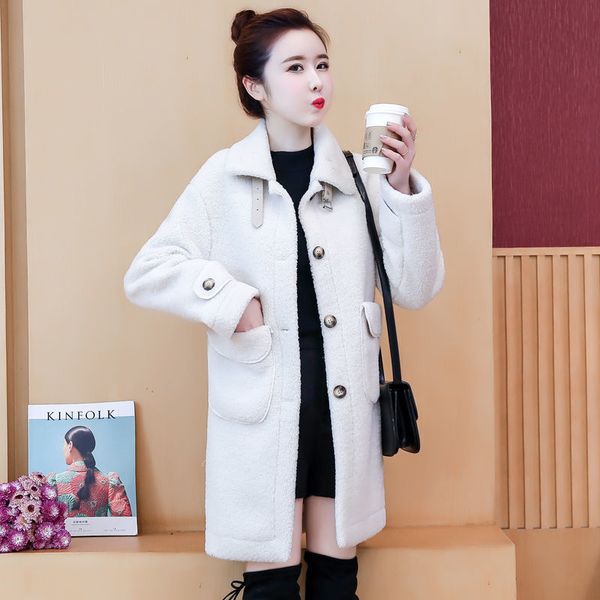 

faux fur one lamb coat 2020 winter new loose mid-length women woolen jacket thick warm women's outerwear, Black