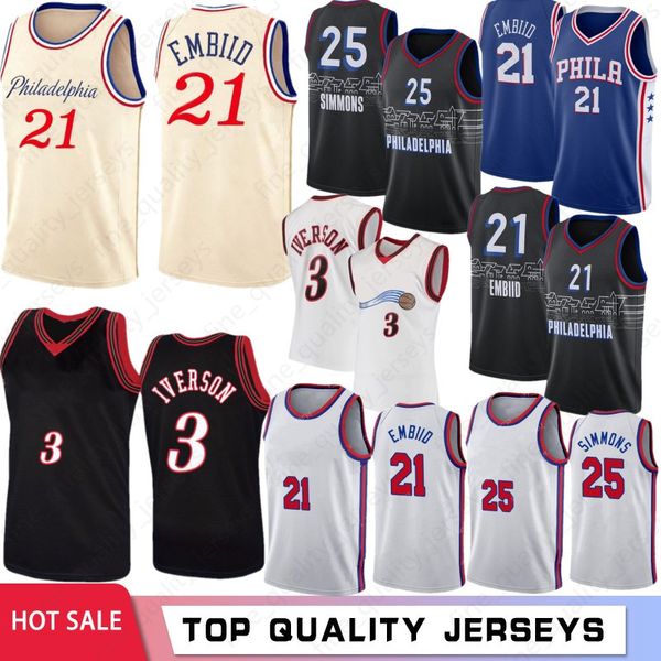 

joel 21 embiid ben 25 simmons men basketball jerseys allen 3 iverson retro jerseys 2021 camisetas de baloncesto, Black;red