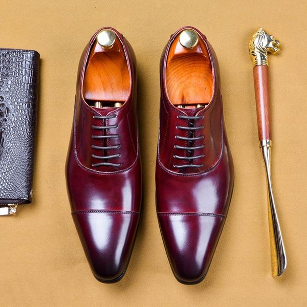 

dress shoes men genuine leather vintage retro point toe handmade office fashion formal wedding party oxford shoes a66, Black