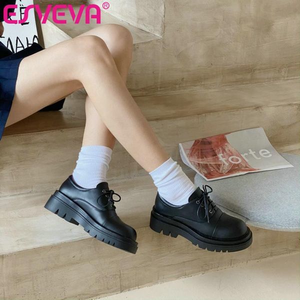 

esveva 2021 pu leather female shoes lace up platform spring autumn women pumps round toe square high heels size 34-43, Black