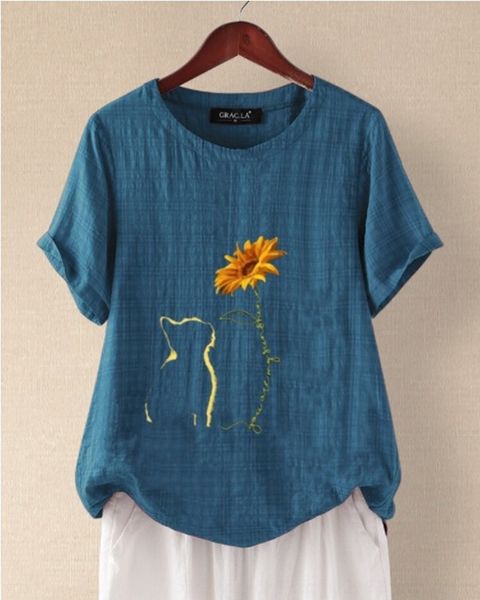 

397z4 2020 летняя новый белье печать рыхлых случайные zjle9 шей темного плед и короткий рукав футболка футболка linencotton цветок хлопок бе, White