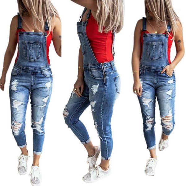 

2020 new women's denim overalls casual slim fit ankle length skinny leg ripped bib overalls long pants1, Blue