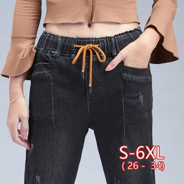 

women large size stretch plus loose denim jeans elastic plus casual drawstring cropped women's nine points cargo jeans spring1, Blue