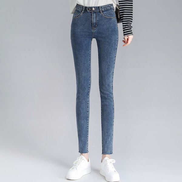 

2020 autumn new small foot high waist pants double breasted comfortable and breathable casual slim student jeans, Blue