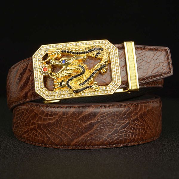 

dragon of the zodiac men's head inlaid with diamond and auto buckle leather belt, Black;brown