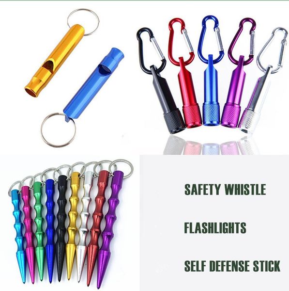 

us stock 2021 portable self defense stick led flashlight emergency survival safety whistle keychain self-defense pendant gifts wholesale