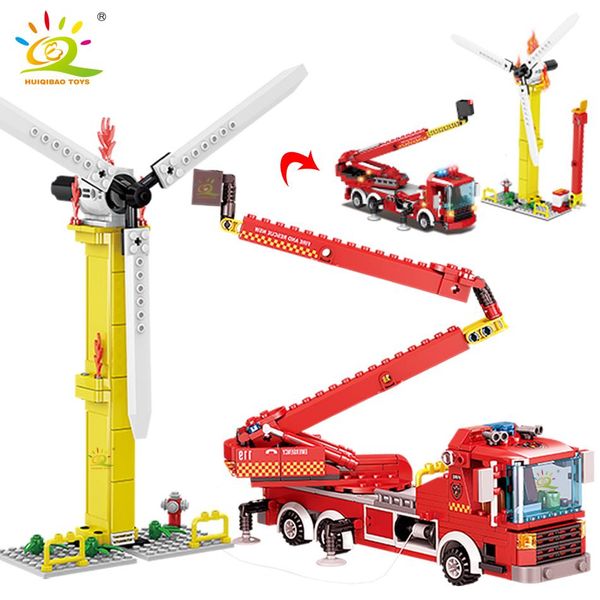 

huiqibao 400pcs city fire ladder truck model building blocks kit fireman 2 figures bricks diy construction toys for children qylqxd mywjqq