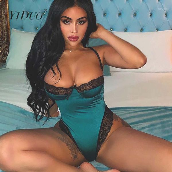 

yiduo lace patchwork satin bodysuit backless jumpsuit skinny women body one piece fashion club party bodysuits green1, Black;white