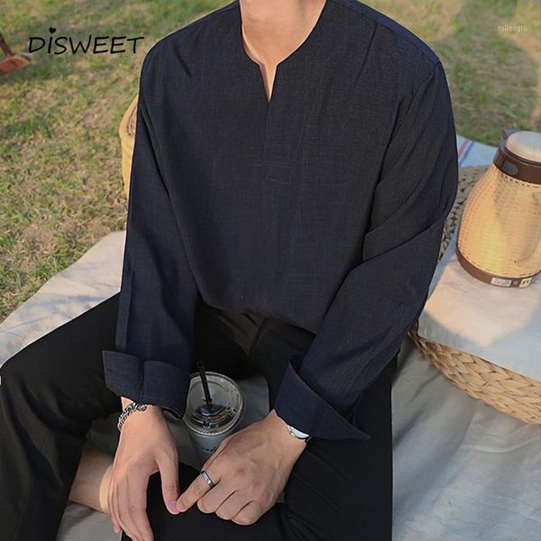 

solid v-neck shirt men korean long sleeve loose men's shirt1, White;black