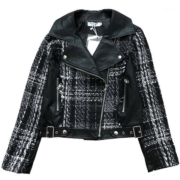 

lamtrip fashion women's jacket 2021 autumn new tweed pu leather stitching plaid jacket motorcycle short coat women1, Black;brown