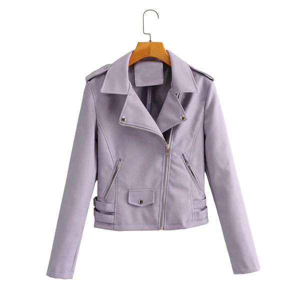 

2021 new autumn women fashion purple side belt leather female rivet pocket lapel collar pu jacket casual coat 9qwb, Black